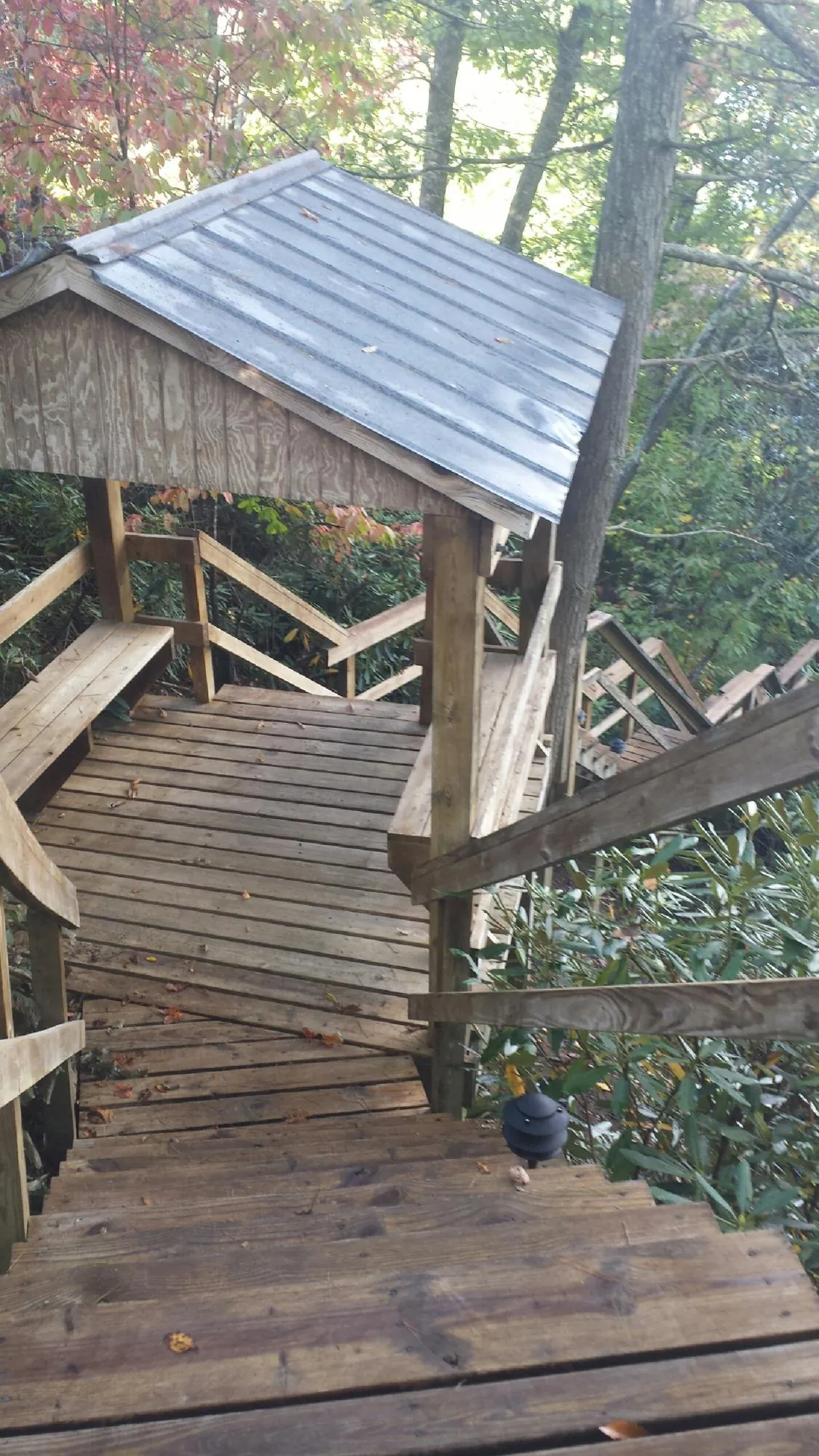 Metal roofed shelter over wooden steps on a wooded walkway — Skylight Repair & Installation work by our crew in New Albany
